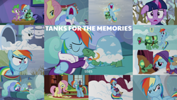 Size: 1982x1115 | Tagged: safe, edit, edited screencap, editor:quoterific, screencap, fluttershy, rainbow dash, spike, tank, twilight sparkle, alicorn, dragon, pegasus, pony, tortoise, g4, tanks for the memories, book, clothes, crying, eyes closed, floppy ears, i'll fly, nose in the air, open mouth, snow, tourist, twilight sparkle (alicorn), winter, winter outfit