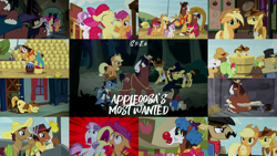 Size: 1982x1115 | Tagged: safe, edit, edited screencap, editor:quoterific, screencap, apple bloom, apple bumpkin, apple fritter, applejack, blues, braeburn, caramel, cherry cola, cherry fizzy, fetter keys, meadow song, noteworthy, scootaloo, sheriff silverstar, star spur, sweetie belle, trouble shoes, appleoosa's most wanted, g4, apple family member, appleloosa resident, cutie mark crusaders, hay bale, pitchfork, torch
