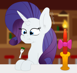 Size: 2476x2337 | Tagged: safe, artist:puperhamster, rarity, pony, unicorn, g4, candle, dinner, ear fluff, eating, female, fork, high res, mare, restaurant