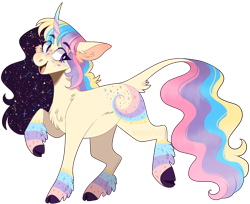 Size: 1432x1170 | Tagged: safe, artist:wanderingpegasus, oc, oc only, oc:supernova, pony, unicorn, chest fluff, cloven hooves, curved horn, eye clipping through hair, horn, leonine tail, open mouth, raised hoof, raised leg, simple background, smiling, solo, transparent background