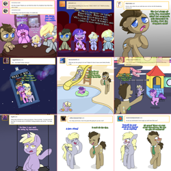 Size: 2254x2254 | Tagged: safe, artist:penpale-heart, artist:thelastrunicorn, amethyst star, derpy hooves, dinky hooves, doctor whooves, sparkler, time turner, earth pony, pegasus, pony, unicorn, lovestruck derpy, g4, blushing, comic, crossover, doctor who, female, filly, high res, male, mare, ship:doctorderpy, shipping, stallion, straight, swing set, tardis, the doctor