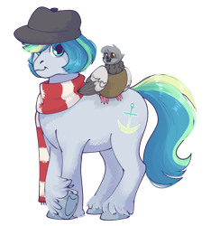 Size: 1124x1200 | Tagged: safe, artist:pigeorgien, oc, oc:georgia livian, oc:springmarine gulfstream, bird, earth pony, pigeon, pony, 2021 community collab, derpibooru community collaboration, clothes, cute, earth pony oc, female, hat, hoof fluff, mare, pet, scarf, simple background, transparent background, underhoof