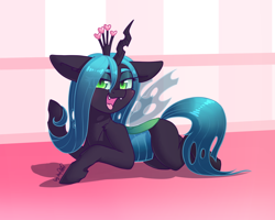 Size: 1600x1280 | Tagged: safe, alternate version, artist:dsp2003, queen chrysalis, changeling, changeling queen, g4, blushing, commission, cute, cute little fangs, cutealis, fangs, female, filly, floppy ears, heart, looking at you, open mouth, slit pupils, textless, wings