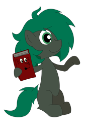 Size: 1400x2000 | Tagged: safe, artist:minus, derpibooru exclusive, oc, oc only, oc:minus, oc:pipadeaxkor, demon, earth pony, pony, 2021 community collab, derpibooru community collaboration, book, colored, colt, cute, digital art, foal, green eyes, hair over one eye, happy, male, simple background, sitting, smiling, solo, transparent background, vector