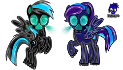 Size: 7680x4392 | Tagged: safe, artist:damlanil, oc, oc:nightlight aura, oc:star eyes, pegasus, pony, boots, clothes, collar, commission, cutie mark accessory, cutie mark collar, duo, female, flying, gas mask, heart, heart eyes, latex, looking at you, mare, mask, raised hoof, rubber, rubber drone, shiny, shiny mane, shoes, show accurate, simple background, story, story in the source, transformation, transparent background, vector, wingding eyes, wings