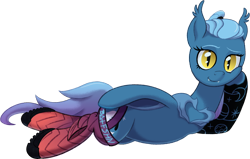 Size: 1730x1100 | Tagged: safe, artist:crystalightx, oc, oc only, oc:nightforce, bat pony, pony, 2021 community collab, derpibooru community collaboration, bat pony oc, bat wings, blackwork, cargosox, claws, clothes, cute, cute little fangs, draw me like one of your french girls, ear tufts, fangs, female, lidded eyes, lying, mare, ponytail, raised eyebrow, shoes, simple background, slit pupils, smiling, socks, solo, tattoo, transparent background, wing claws, wings, yellow eyes