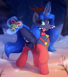 Size: 1388x1575 | Tagged: safe, artist:shadowreindeer, princess luna, alicorn, pony, g4, bell, candy, candy cane, christmas, clothes, cute, food, forest, glowing horn, holiday, horn, looking at you, lunabetes, magic, mistletoe, mouth hold, night, raised hoof, snow, socks, solo, telekinesis, tongue out, tree, winter