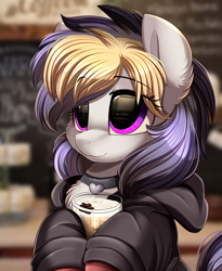 Size: 1446x1764 | Tagged: safe, artist:pridark, oc, oc only, oc:liquorice sweet, earth pony, pony, clothes, collar, commission, cute, drink, eye clipping through hair, female, hoodie, mare, mug, smiling, solo, weapons-grade cute