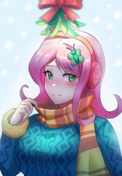 Size: 800x1149 | Tagged: safe, artist:tzc, fluttershy, human, g4, blushing, breasts, busty fluttershy, christmas, clothes, cute, earmuffs, female, holiday, humanized, mistleholly, scarf, shyabetes, solo, sweater, sweatershy, wrong eye color