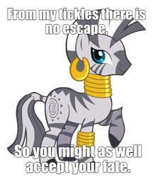 Size: 1107x1280 | Tagged: safe, artist:shelltoon, edit, vector edit, zecora, zebra, g4, bronybait, caption, cute, image macro, imminent tickles, implied tickling, looking at you, raised hoof, smiling, text, this will end in tickles, vector, zecorable