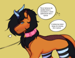 Size: 2000x1552 | Tagged: safe, artist:azaani, oc, oc only, kirin, pony, chains, clothes, collar, cyrillic, horn, leash, male, pet, russian, simple background, socks, solo, speech bubble, stallion, translated in the description, walking