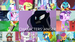 Size: 1974x1112 | Tagged: safe, edit, edited screencap, editor:quoterific, screencap, apple bloom, applejack, discord, garble, princess cadance, princess celestia, princess ember, princess luna, rarity, scootaloo, silverstream, spike, spitfire, starlight glimmer, sweetie belle, yona, draconequus, dragon, yak, a matter of principals, g4, gauntlet of fire, luna eclipsed, make new friends but keep discord, newbie dash, on your marks, owl's well that ends well, the crystal empire, the cutie map, the washouts (episode), what lies beneath, angry, cutie mark crusaders, fire, flame eyes, golden oaks library, quiet, ragelight glimmer, school of friendship, wingding eyes