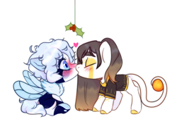 Size: 2000x1348 | Tagged: safe, artist:azaani, oc, oc only, original species, pony, chibi, clothes, fluffy, holly, holly mistaken for mistletoe, kissing, male, simple background, white background, wings