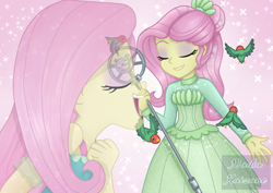 Size: 1754x1240 | Tagged: safe, artist:nadiakaizane, fluttershy, bird, equestria girls, g4, my little pony equestria girls: better together, so much more to me, clothes, cute, dress, eyeshadow, female, makeup, microphone, shyabetes, singing, smiling