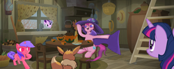 Size: 862x344 | Tagged: safe, edit, starlight glimmer, twilight sparkle, oc, oc:formosana, oc:nataly sparkle, earth pony, eevee, pony, unicorn, g4, cape, clothes, hat, kitchen, pokémon, table, trixie's cape, trixie's hat