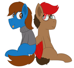 Size: 1400x1280 | Tagged: safe, artist:derpy_the_duck, oc, oc only, oc:derp, oc:sock, earth pony, pegasus, pony, 2021 community collab, derpibooru community collaboration, :p, clothes, glasses, looking at each other, simple background, tongue out, transparent background