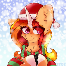 Size: 2000x2000 | Tagged: safe, artist:etoz, oc, oc only, pony, unicorn, blushing, christmas, clothes, commission, female, happy, hat, high res, holiday, horn, icon, mare, santa hat, scarf, smiling, snow, snowfall, solo, winter, winter outfit, ych result