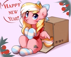 Size: 2712x2192 | Tagged: safe, artist:pledus, oc, oc only, oc:bay breeze, pegasus, pony, blushing, bow, box, clothes, commission, cute, female, hair bow, high res, looking at you, mare, new year, ocbetes, socks, solo, speech bubble, striped socks