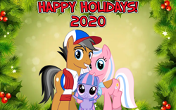 Size: 2064x1289 | Tagged: safe, artist:cheezedoodle96, edit, clear sky, quibble pants, wind sprint, earth pony, pegasus, pony, unicorn, common ground, g4, my little pony: friendship is magic, christmas, family, female, filly, foal, hearth's warming, holiday, male, mare, new year, stallion, trio