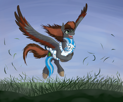 Size: 1800x1500 | Tagged: safe, artist:borsch-zebrovich, oc, oc only, fly, insect, pegasus, pony, zebra, ear piercing, earring, grass, grass field, happy, hooves, hug, jewelry, piercing, tail