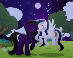 Size: 1200x964 | Tagged: safe, artist:jennieoo, oc, oc:andrewmeda, oc:milky way (sodadrinker11), earth pony, pegasus, pony, g4, female, forest, kissing, male, moon, night, oc x oc, shipping, show accurate, straight, wings