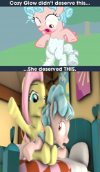 Size: 592x1024 | Tagged: artist needed, safe, edit, screencap, cozy glow, fluttershy, pegasus, pony, g4, the ending of the end, 3d, butt, cozy deserved this, cozy glow drama, drama, female, filly, foal, mare, over the knee, plot, punish the villain, source filmmaker, spanking, wrong aspect ratio