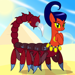 Size: 2148x2140 | Tagged: safe, artist:badumsquish, derpibooru exclusive, oc, oc only, hybrid, monster pony, original species, pony, scorpion, scorpion pony, belt, bracelet, desert, female, high res, jewelry, lidded eyes, looking at you, mare, monster, nightmare fuel, ponified, pyramid, raised hooves, scorpgal, scorpion tail, shantae, show accurate, smiling, solo, sun, why, wtf, yellow sclera