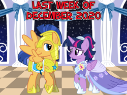 Size: 2064x1548 | Tagged: safe, anonymous artist, flash sentry, twilight sparkle, alicorn, pegasus, pony, g4, the last problem, armor, ballroom, christmas, clothes, coronation dress, dress, female, hearth's warming, holiday, looking at each other, lyrics in the description, male, mare, new year, royal guard armor, second coronation dress, ship:flashlight, shipping, smiling, snow, snowflake, stallion, straight, twilight sparkle (alicorn), winter, youtube link, youtube link in the description