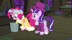 Size: 1920x1080 | Tagged: safe, screencap, pinkie pie, snowfall frost, spirit of hearth's warming presents, starlight glimmer, earth pony, pony, unicorn, a hearth's warming tail, g4, clothes, female, mare, trash can