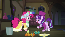 Size: 1920x1080 | Tagged: safe, screencap, pinkie pie, snowfall frost, spirit of hearth's warming presents, starlight glimmer, earth pony, pony, unicorn, a hearth's warming tail, g4, book, clothes, female, mare, trash can