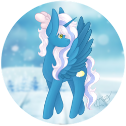 Size: 1280x1280 | Tagged: safe, artist:ioreocookie, oc, oc only, oc:fleurbelle, alicorn, pony, alicorn oc, bow, day, female, flying, hair bow, horn, looking back, mare, solo, wings, winter, yellow eyes