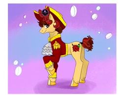 Size: 1080x859 | Tagged: safe, artist:tohor_durachok, oc, oc only, earth pony, pony, abstract background, clothes, earth pony oc, eyelashes, flower, hat, hoof polish, pirate hat, raised hoof, rose, smiling, solo, tail wrap