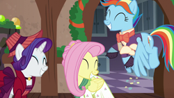 Size: 1920x1080 | Tagged: safe, screencap, flutterholly, fluttershy, merry, rainbow dash, rarity, snowdash, pegasus, pony, unicorn, a hearth's warming tail, g4, ^^, bonnet, bowtie, cabinet, clothes, cute, dashabetes, dress, eyes closed, female, folded wings, grin, mare, rainbow dash always dresses in style, raribetes, shirt, shyabetes, smiling, waistcoat, wings