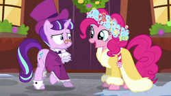 Size: 1920x1080 | Tagged: safe, screencap, pinkie pie, snowfall frost, spirit of hearth's warming presents, starlight glimmer, earth pony, pony, unicorn, a hearth's warming tail, g4, clothes, female, mare