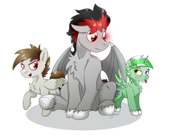 Size: 2475x1933 | Tagged: safe, artist:jesterpi, oc, oc:broken flare, oc:cough drop, oc:jester pi, dracony, dragon, hybrid, pegasus, pony, 2021 community collab, derpibooru community collaboration, big pony, group, group shot, happy, horn, piercing, simple background, sitting, size difference, small pony, smiling, standing, tongue out, transparent background, wings