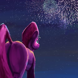 Size: 2021x2021 | Tagged: safe, artist:phutashi, fizzlepop berrytwist, tempest shadow, pony, unicorn, g4, broken horn, butt, female, fireworks, glowing horn, high res, holiday, horn, looking at something, looking up, mare, outdoors, perspective, plot, rear view, smiling, solo, standing, starry night, stars, tempass, three quarter view