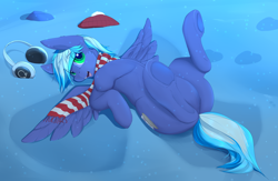 Size: 4000x2600 | Tagged: safe, artist:chapaevv, oc, oc only, oc:moonlight drop, pegasus, pony, clothes, commission, hat, headphones, pegasus oc, scarf, snow, snow angel, solo, wings, winter, ych result