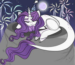 Size: 883x767 | Tagged: safe, artist:star-gaze-pony, oc, oc only, oc:spectra, pony, unicorn, female, fireworks, hat, mare, party hat, sleeping, solo