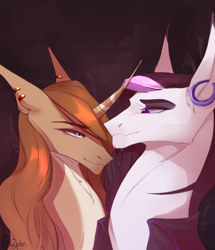 Size: 1718x2000 | Tagged: safe, artist:simonk, oc, oc only, oc:gray rain, oc:night mirage, earth pony, pony, unicorn, bust, clothes, couple, ear piercing, earring, eyeshadow, ginger, intersex, jewelry, long mane, long neck, makeup, male, multicolored hair, piercing, portrait, simple background, trap