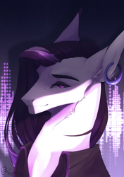 Size: 1407x2000 | Tagged: safe, artist:simonk, oc, oc only, oc:gray rain, earth pony, pony, bust, clothes, ear piercing, earring, eyeshadow, jewelry, lidded eyes, long mane, long neck, looking at you, makeup, male, multicolored hair, piercing, portrait, signature, simple background, smiling, solo, stallion