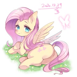 Size: 1024x1024 | Tagged: safe, artist:zakro, fluttershy, pegasus, pony, g4, butt, cute, dock, flutterbutt, looking at you, looking back, plot, shyabetes, smiling, solo, spread wings, wings