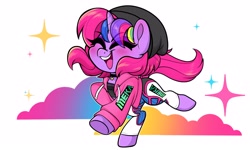 Size: 3000x1800 | Tagged: safe, artist:techycutie, oc, oc only, oc:techy twinkle, pony, unicorn, blushing, clothes, eyes closed, happy, hat, hoodie, pants, smiling, solo, sparkles