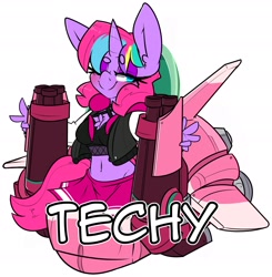 Size: 2300x2346 | Tagged: safe, artist:bbsartboutique, oc, oc only, oc:techy twinkle, unicorn, anthro, beanbrows, blushing, chest fluff, clothes, eyebrows, high res, lidded eyes, looking at you, mecha, midriff, one eye closed, overwatch, skirt, smiling, tank top, wink