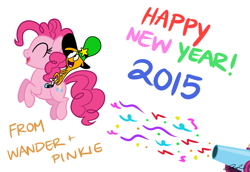 Size: 1280x880 | Tagged: safe, artist:iheartjapan789, pinkie pie, earth pony, pony, g4, 2015, crossover, duo, new year, party cannon, riding a pony, simple background, sweet dreams fuel, tumblr, wander (wander over yonder), wander over yonder, wander riding pinkie pie, white background