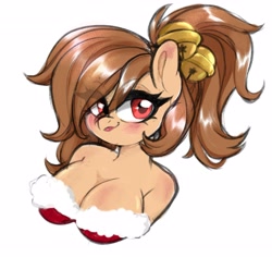 Size: 3507x3309 | Tagged: safe, artist:techycutie, oc, oc only, oc:fun fact, earth pony, anthro, bell, big breasts, blushing, breasts, cleavage, high res, looking at you, smiling