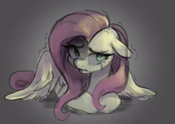 Size: 2906x2061 | Tagged: safe, artist:techycutie, fluttershy, pegasus, pony, g4, crying, ears back, female, high res, looking at you, looking sideways, lying down, mare, prone, sad, scared, solo, spread wings, trembling, turned head, wavy mouth, wings, wings down