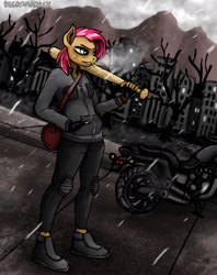 Size: 2000x2520 | Tagged: safe, artist:necromarecy, babs seed, earth pony, anthro, plantigrade anthro, g4, baseball bat, boots, clothes, fingerless gloves, gloves, high res, jacket, lidded eyes, motorcycle, pants, shoes, solo