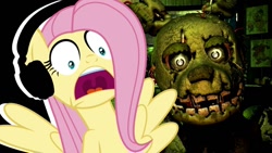 Size: 1366x768 | Tagged: safe, artist:vannamelon, fluttershy, pegasus, pony, g4, five nights at freddy's, five nights at freddy's 3, headphones, reaction, reaction image, scared, springtrap, video game