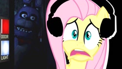Size: 1366x768 | Tagged: safe, artist:vannamelon, fluttershy, pegasus, pony, g4, five nights at freddy's, headphones, reaction, reaction image