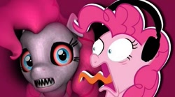 Size: 583x324 | Tagged: safe, artist:vannamelon, pinkie pie, earth pony, pony, robot, robot pony, g4, animatronic, five nights at freddy's, five nights at pinkie's, headphones, nightmare fuel, reaction, reaction image, scared, tongue out